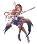  1girl blue_eyes boots braid breasts brown_hair full_body granblue_fantasy hat hat_feather highres lecia_(granblue_fantasy) midriff open_mouth peaked_cap skirt solo standing sword thigh-highs thigh_boots weapon white_background yu_pian 