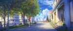  1girl bench bicycle branch building car city clouds dankalaning ground_vehicle highres lamppost mitsubishi_lancer_evolution motor_vehicle neon_genesis_evangelion road scenery short_shorts shorts sidewalk sky solo street tree window 