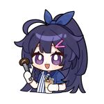  1girl :d antenna_hair bangs blue_shirt bread cup disposable_cup food gloves hair_between_eyes hair_ornament hair_ribbon hairpin holding holding_cup honkai_(series) honkai_impact_3rd long_hair looking_at_viewer official_art open_mouth polo_shirt purple_hair raiden_mei ribbon shirt short_sleeves simple_background smile solo violet_eyes white_background white_gloves 