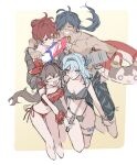  2boys 2girls :3 absurdres amber_(genshin_impact) aqua_hair bangs bikini black_bikini black_jacket blue_hair breasts brown_hair closed_eyes closed_mouth dark-skinned_male dark_skin diluc_(genshin_impact) eula_(genshin_impact) eyepatch genshin_impact hair_between_eyes hairband highres holding honeymilk0252 innertube jacket jewelry kaeya_(genshin_impact) large_breasts long_hair multiple_boys multiple_girls necklace open_mouth red_bikini red_eyes redhead scrunchie shirtless shorts side-tie_bikini simple_background sketch swimsuit thigh_strap two-tone_background violet_eyes water_gun wrist_scrunchie 