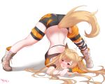 1girl animal_ears arknights arm_strap arm_support ass asymmetrical_clothes back backless_outfit bangs bare_shoulders blonde_hair blush boots breasts ceobe_(arknights) ceobe_(summer_flowers)_(arknights) dog_ears dog_tail full_body highres infection_monitor_(arknights) jack-o&#039;_challenge knee_boots large_breasts lingshalan long_hair long_sleeves looking_at_viewer looking_away motion_lines nose_blush official_alternate_costume sideboob simple_background single_pantsleg solo swept_bangs tail trembling violet_eyes white_background white_footwear