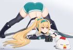  1girl ass bird blonde_hair blush camera chicken gamryous girls_frontline highres jack-o&#039;_challenge long_hair ponytail red_eyes smile solo sv-98_(girls_frontline) thigh-highs very_long_hair 