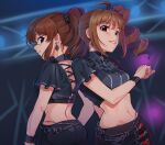  2girls ahoge back-to-back bangs belly_chain black_skirt blue_eyes blurry blurry_background brown_hair commentary crop_top depth_of_field drill_hair earrings english_commentary eyebrows_visible_through_hair hair_tie idol idolmaster idolmaster_million_live! jewelry kamille_(vcx68) looking_at_viewer looking_back medium_hair midriff miniskirt multiple_girls navel parted_lips ponytail satake_minako short_sleeves side_drill side_ponytail sidelocks skirt violet_eyes wristband yokoyama_nao 