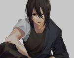  1boy akagiasami asymmetrical_clothes bangs black_hair en&#039;en_no_shouboutai grey_background hair_between_eyes looking_at_viewer male_focus mismatched_pupils parted_lips red_eyes shinmon_benimaru simple_background solo upper_body 