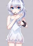  1girl bangs blue_eyes closed_mouth dress grey_background hair_between_eyes highres honkai_(series) honkai_impact_3rd in_mouth long_hair looking_at_viewer nightgown pajamas shirt side_ponytail simple_background sleeveless sleeveless_dress solo theresa_apocalypse uczfhmwafinoajb white_dress white_hair white_shirt 