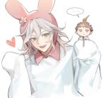  ... 2boys :d ahoge animal_ears animal_hood bangs brown_eyes brown_hair bunny_hood chibi cosplay dangan_ronpa_(series) dangan_ronpa_2:_goodbye_despair expressionless fake_animal_ears flower green_neckwear grey_hair hair_between_eyes hands_up hat hat_flower heart hinata_hajime holding_another hood kigurumi komaeda_nagito long_sleeves looking_at_viewer male_focus medium_hair messy_hair multiple_boys necktie open_mouth rabbit_ears shirt short_hair simple_background smile speech_bubble spoken_ellipsis tanu0706 white_background 