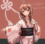  1girl ahoge alternate_costume braid brown_eyes brown_hair cowboy_shot dated expressionless floral_print hair_over_shoulder highres japanese_clothes kantai_collection kimono long_hair looking_at_viewer one-hour_drawing_challenge pink_kimono shinshuu_maru_(kancolle) solo twin_braids twitter_username wss_(nicoseiga19993411) yukata 