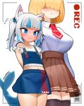  2girls :3 @_@ animal_ear_fluff animal_ears artist_name battery_indicator black_skirt blue_eyes blue_hair blue_skirt blush breasts cat_ears collared_shirt covered_eyes english_commentary eyebrows_visible_through_hair fish_tail flat_chest full-face_blush gawr_gura hair_over_eyes highres hololive hololive_english large_breasts looking_down multicolored_hair multiple_girls navel nervous recording shaded_face shark_tail shirt shirt_tucked_in side_ponytail silver_hair skirt smile streaked_hair tail thigh-highs virtual_youtuber watson_amelia white_shirt wllmagic 