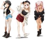  3girls bare_shoulders black_hair blue_shorts blush breasts brown_eyes chloe_von_einzbern closed_mouth fate/kaleid_liner_prisma_illya fate_(series) fishnet_legwear fishnets full_body grin hair_ornament hairclip hat highres illyasviel_von_einzbern long_hair looking_at_viewer miyu_edelfelt multiple_girls official_art open_mouth orange_eyes pink_hair red_eyes shiny shiny_hair short_shorts shorts simple_background skirt small_breasts smile source_request standing thigh-highs v white_background white_hair 