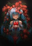  1girl aqua_hair arm_tattoo bangs box closed_eyes detached_sleeves eyebrows_visible_through_hair flower gift gift_box hatsune_miku highres holding holding_gift kajaneko open_mouth solo tattoo twintails upper_body vocaloid 