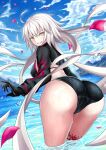 ahoge bent_over bikini clouds fate/grand_order fate_(series) gloves harukey highres jeanne_d&#039;arc_(alter_swimsuit_berserker)_(fate) jeanne_d&#039;arc_(fate)_(all) long_hair mullet ocean swimsuit thick_thighs thigh-highs thighs very_long_hair wet wet_clothes wet_swimsuit white_hair yellow_eyes 