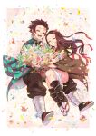  1boy 1girl :d ^_^ black_legwear black_pants border brother_and_sister brown_hair checkered closed_eyes earrings floating_hair flower gradient_hair grin hair_ribbon hanafuda haori highres holding holding_flower japanese_clothes jewelry kamado_nezuko kamado_tanjirou kimetsu_no_yaiba kimono long_hair multicolored_hair open_mouth outside_border pants pink_kimono pink_ribbon print_kimono redhead remsor076 ribbon short_hair short_kimono siblings smile tabi very_long_hair white_border white_legwear 