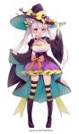  1girl absurdres alternate_hairstyle animal_ears boots bubble_skirt cat_ears green_eyes grey_hair hat highres hizuki_miu long_coat long_hair luna_nyann skirt smile solo striped striped_legwear thigh-highs twintails virtual_youtuber wactor_production white_hair witch witch_hat 