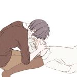  1boy 1girl bangs brown_legwear brown_skirt brown_sweater closed_eyes commentary_request forehead_kiss from_side grey_hair hair_over_eyes hands_on_another&#039;s_face hetero highres kaneki_ken kirishima_touka kiss long_sleeves lying on_back on_lap pale_skin shiny shiny_hair shirt short_hair simple_background sitting skirt sweater tokyo_ghoul tokyo_ghoul:re toukaairab white_background 
