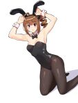  1girl ahoge animal_ears armpits arms_up bangs black_legwear black_leotard black_neckwear black_scrunchie bow bowtie breasts brown_hair closed_mouth detached_collar drill_hair dutch_angle eyebrows_visible_through_hair fake_animal_ears frown hair_ornament hair_scrunchie idolmaster idolmaster_million_live! kamille_(vcx68) kneeling leotard looking_at_viewer medium_breasts medium_hair no_shoes pantyhose playboy_bunny rabbit_ears scrunchie shadow side_drill side_ponytail sidelocks simple_background solo strapless strapless_leotard violet_eyes white_background wing_collar wrist_cuffs yokoyama_nao 