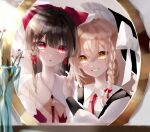  2girls :o bangs blonde_hair bow braid brown_hair commentary detached_sleeves eyebrows_visible_through_hair hair_between_eyes hair_bow hair_tubes hakurei_reimu hand_on_another&#039;s_shoulder hat hat_bow highres kirisame_marisa long_hair long_sleeves looking_ahead looking_at_another mirror multiple_girls necktie puffy_sleeves red_bow red_eyes reflection side_braid sidelocks single_braid smile sunlight touhou vest white_bow witch_hat yellow_eyes yellow_neckwear yukia_(yukia_777) 