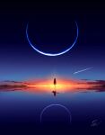  1girl clouds comet crescent_moon gradient highres lens_flare moon original reflection scenery signature sky solo standing star_(sky) sunset water water_world zahidmeh 