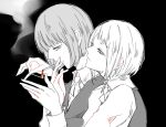  1boy 1girl awara_kayu bangs black_background blunt_bangs bob_cut braid character_request cigarette collared_shirt commentary_request from_side half-closed_eyes hand_up hands_up hetero hug hug_from_behind long_sleeves looking_at_another mouth_hold shirt short_hair simple_background tokyo_ghoul tokyo_ghoul:re upper_body vest 