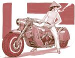  1girl brown_hair chinese_clothes cigarette commentary english_commentary ground_vehicle hat high_heels long_hair long_sleeves monochrome motor_vehicle motorcycle mouth_hold original pants profile red_theme rice_hat shirt smoke smoking solo y_naf 