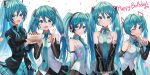  5girls :d :q absurdres aqua_eyes aqua_hair aqua_neckwear bib_(bibboss39) cake closed_mouth detached_sleeves food happy_birthday hatsune_miku highres long_hair looking_at_viewer multiple_girls multiple_persona necktie one_eye_closed open_mouth simple_background smile tongue tongue_out twintails vocaloid white_background 