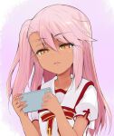  1girl bangs breasts cellphone chloe_von_einzbern collared_shirt dark-skinned_female dark_skin fate/kaleid_liner_prisma_illya fate_(series) hair_between_eyes homurahara_academy_uniform long_hair neck_ribbon one_side_up orange_eyes parted_lips phone pink_hair puffy_short_sleeves puffy_sleeves red_ribbon ribbon sen_(astronomy) shirt short_sleeves sidelocks small_breasts white_shirt 