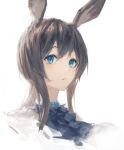  1girl absurdres amiya_(arknights) animal_ears arknights ascot bangs black_neckwear blue_eyes blush brown_hair closed_mouth expressionless eyebrows_visible_through_hair fuyukono highres looking_at_viewer ponytail portrait rabbit_ears sidelocks simple_background solo white_background 