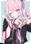  1other absurdres akiyama_mizuki ambiguous_gender bangs black_serafuku border bow commentary_request green_bow grin hair_ribbon hair_up heart heart_hands highres looking_at_viewer medium_hair neckerchief nekoma_hikaru one_eye_closed pink_eyes pink_hair pink_neckwear project_sekai red_ribbon ribbon sailor_collar school_uniform serafuku short_sleeves side_ponytail sidelocks simple_background smile solo teeth upper_body white_sailor_collar 