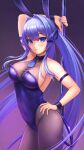  1girl animal_ears arm_strap arm_up azur_lane black_legwear blue_eyes blue_hair blue_leotard blue_neckwear blush breasts closed_mouth commentary covered_navel cowboy_shot detached_collar eyebrows_visible_through_hair fake_animal_ears floating_hair gradient gradient_background hair_between_eyes hair_intakes hand_on_hip headgear highres itsuki_kunihiro large_breasts leotard lips long_hair looking_at_viewer nail_polish necktie new_jersey_(azur_lane) new_jersey_(exhilarating_steps!)_(azur_lane) official_alternate_costume pantyhose playboy_bunny purple_background purple_nails rabbit_ears short_necktie sideboob simple_background skin_tight sleeveless smile solo stripper_pole wing_collar wrist_cuffs 
