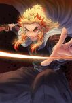  1boy belt belt_buckle black_jacket black_pants blonde_hair buckle cape closed_mouth highres holding holding_sword holding_weapon jacket katana kimetsu_no_yaiba long_hair long_sleeves looking_at_viewer male_focus multicolored_hair orange_hair pants remsor076 rengoku_kyoujurou smile solo sword two-tone_hair weapon white_cape yellow_eyes 