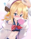  1girl absurdres anchor_hair_ornament azur_lane bare_shoulders blonde_hair blue_eyes blush braid bubble_blowing chewing_gum eyebrows_visible_through_hair hair_ornament headpat highres long_hair looking_at_viewer midriff simple_background solo stephen_potter_(azur_lane) tonchinkan white_headwear 