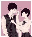  1boy 1girl :d arms_at_sides bangs blush border bow bowtie collared_shirt commentary_request cowboy_shot from_side hand_up highres holding kaneki_ken kirishima_touka long_sleeves looking_at_another male_focus monochrome necktie necktie_grab neckwear_grab open_mouth outline pink_background pleated_skirt profile red_background shirt shirt_tucked_in short_hair simple_background skirt smile tokyo_ghoul toukaairab translation_request upper_teeth vest white_border white_outline 