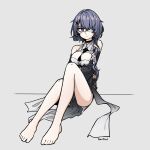  1girl arknights artist_name bangs bare_legs bare_shoulders barefoot black_choker breasts choker closed_mouth collared_dress detached_sleeves eyepatch hair_ornament highres long_hair looking_to_the_side medical_eyepatch medium_breasts purple_hair sitting solo violet_eyes waffle_drink whisperain_(arknights) white_background x_hair_ornament 