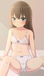  1girl absurdres bangs bare_arms bare_shoulders blue_eyes blush bow bow_bra bow_panties bra breasts brown_hair closed_mouth collarbone commentary_request eyebrows_visible_through_hair feet_out_of_frame hair_between_eyes highres hippo_(hirople) knees_up long_hair navel original panties sitting small_breasts solo spread_legs underwear underwear_only white_bra white_panties 