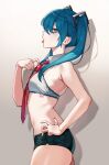  1girl armpits bare_arms bare_shoulders black_shorts blue_eyes blue_hair breasts cowboy_shot crop_top from_side hair_ornament hand_on_hip hand_up hatsune_miku highres long_hair looking_at_viewer micro_shorts midriff necktie nishizawa open_mouth profile revealing_clothes shorts sleeveless small_breasts solo tattoo tongue tongue_out twintails vocaloid wing_collar 
