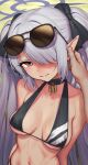  1girl bikini black_bikini black_choker black_ribbon blue_archive breasts choker closed_mouth eyewear_on_head gishu hair_over_one_eye hair_ribbon halo highres iori_(blue_archive) long_hair looking_at_viewer medium_breasts navel pointy_ears red_eyes ribbon solo_focus sunglasses sweat swimsuit twintails 