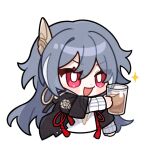  1girl :d bangs black_jacket casual cup fu_hua fu_hua_(herrscher_of_sentience) grey_hair hair_between_eyes hair_ornament holding holding_cup honkai_(series) honkai_impact_3rd jacket long_hair looking_at_viewer milk_tea multicolored_hair official_art open_mouth red_eyes simple_background smile solo streaked_hair white_background 