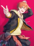  1boy bangs denim earrings hood hooded_jacket hoodie jacket jeans jewelry looking_at_viewer multicolored_hair offtoon12 open_mouth orange_hair pants project_sekai red_background shinonome_akito shirt short_hair smile 