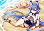  1girl adapted_costume animal_ears arm_strap azur_lane beach bikini bikini_bottom black_bikini black_footwear black_leotard blue_eyes blue_hair blue_nails blush breasts closed_mouth commentary day detached_collar eyebrows_visible_through_hair fake_animal_ears full_body hair_between_eyes hair_intakes headgear highres innertube large_breasts leer.meer leotard long_hair looking_at_viewer lying manjuu_(azur_lane) nail_polish new_jersey_(azur_lane) ocean on_side outdoors rabbit_ears sandals shiny shiny_clothes sideboob smile solo swimsuit thigh_strap thighs toenail_polish toenails wing_collar wrist_cuffs 