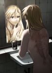  1girl back_tattoo bangs bathroom blonde_hair brown_eyes burn_scar closed_mouth cup fullmetal_alchemist hair_down hand_up highres long_hair looking_at_mirror mame_moyashi mirror nude reflection scar scar_on_back sink solo tattoo toothbrush 