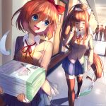  2girls :d ^_^ absurdres bangs black_legwear blue_eyes blue_skirt bow brown_hair closed_eyes commentary doki_doki_literature_club english_commentary english_text eyebrows_visible_through_hair grey_jacket hair_between_eyes hair_bow hair_ribbon hallway highres indoors jacket long_hair long_sleeves monika_(doki_doki_literature_club) multiple_girls open_mouth paper_stack pleated_skirt ponytail qr_code red_bow ribbon sayori_(doki_doki_literature_club) school school_uniform short_hair sidelocks silhouette skirt smile takuyarawr thigh-highs tile_floor tiles upper_teeth very_long_hair white_ribbon zettai_ryouiki 