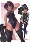  1girl arms_note ass_visible_through_thighs assault_rifle black_gloves black_hair black_legwear breasts covered_navel dark-skinned_female dark_skin fukai_ryosuke gloves green_eyes gun hair_ornament highres holding holding_gun holding_weapon jacket looking_at_viewer one-piece_swimsuit rifle short_hair swimsuit thigh-highs toeless_legwear weapon wet 