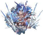 1girl animal_ears armor bangs braid breastplate breasts brown_eyes casting_spell dress earrings erune gauntlets gloves granblue_fantasy hairband heles jewelry long_hair magic minaba_hideo official_art open_mouth silver_hair single_braid thick_thighs thighs transparent_background very_long_hair 
