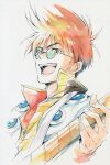  1boy :d agahari brown_eyes commentary_request grey_background guitar highres holding holding_instrument instrument looking_at_viewer macross macross_7 male_focus nekki_basara open_mouth orange_hair round_eyewear short_hair simple_background smile teeth traditional_media 