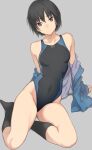  1girl amagami arm_support bangs bare_shoulders black_hair black_legwear black_swimsuit blue_jacket breasts brown_eyes collarbone commentary competition_swimsuit covered_navel eyebrows_visible_through_hair full_body grey_background highres jacket kneehighs leaning_back long_sleeves nanasaki_ai no_shoes off_shoulder one-piece_swimsuit open_clothes open_jacket parted_lips serizawa_(serizawaroom) short_hair simple_background sitting small_breasts solo swimsuit yokozuwari 