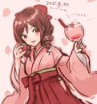  1girl bow brown_hair commentary_request cup dated drill_hair drink food fruit hair_bow hakama hakama_skirt harukaze_(kancolle) holding holding_cup japanese_clothes kantai_collection kimono long_hair looking_at_viewer meiji_schoolgirl_uniform one-hour_drawing_challenge pink_kimono red_bow red_eyes red_hakama skirt solo strawberry translation_request twin_drills twitter_username wss_(nicoseiga19993411) 