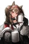  1girl angelina_(arknights) animal_ears arknights black_coat black_gloves blurry blush brown_hair coat cup depth_of_field earpiece eyebrows_visible_through_hair fox_ears gloves hairband head_tilt highres holding holding_cup infection_monitor_(arknights) jacket jiki_(gkdlfnzo1245) korean_commentary long_hair looking_at_viewer off_shoulder open_clothes open_coat parted_lips red_eyes red_jacket shirt simple_background smile solo steam twintails unzipped upper_body white_background white_shirt 