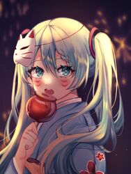  1girl :o absurdres aqua_eyes aqua_hair blue_kimono blurry blurry_background blush braid candy_apple commentary_request dark_background earrings educk food hatsune_miku highres holding holding_food japanese_clothes jewelry kimono long_hair makeup mascara mask mask_on_head open_mouth solo tassel tassel_earrings twintails upper_body vocaloid yukata 