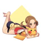  0_0box 1girl bare_shoulders brown_eyes brown_hair closed_mouth cyndaquil gen_1_pokemon gen_2_pokemon highres legs_up lying lyra_(pokemon) on_stomach pikachu pokemon pokemon_(creature) pokemon_(game) pokemon_hgss red_shorts shirt shorts smile twintails white_shirt 