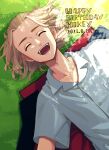  1boy :d ^_^ absurdres black_jacket blonde_hair closed_eyes collarbone collared_shirt dated english_text facing_viewer happy_birthday highres jacket male_focus meimei_(cb_mei) open_mouth outdoors sano_manjirou shirt short_hair short_sleeves smile solo tokyo_revengers upper_body white_shirt 