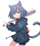  1girl animal_ears baseball_bat bike_shorts black_hair blue_eyes cat_ears cat_tail commentary ear_piercing holding jacket multicolored_hair nail nail_bat original peroncho piercing pout redhead solo streaked_hair tail two-tone_hair white_background 